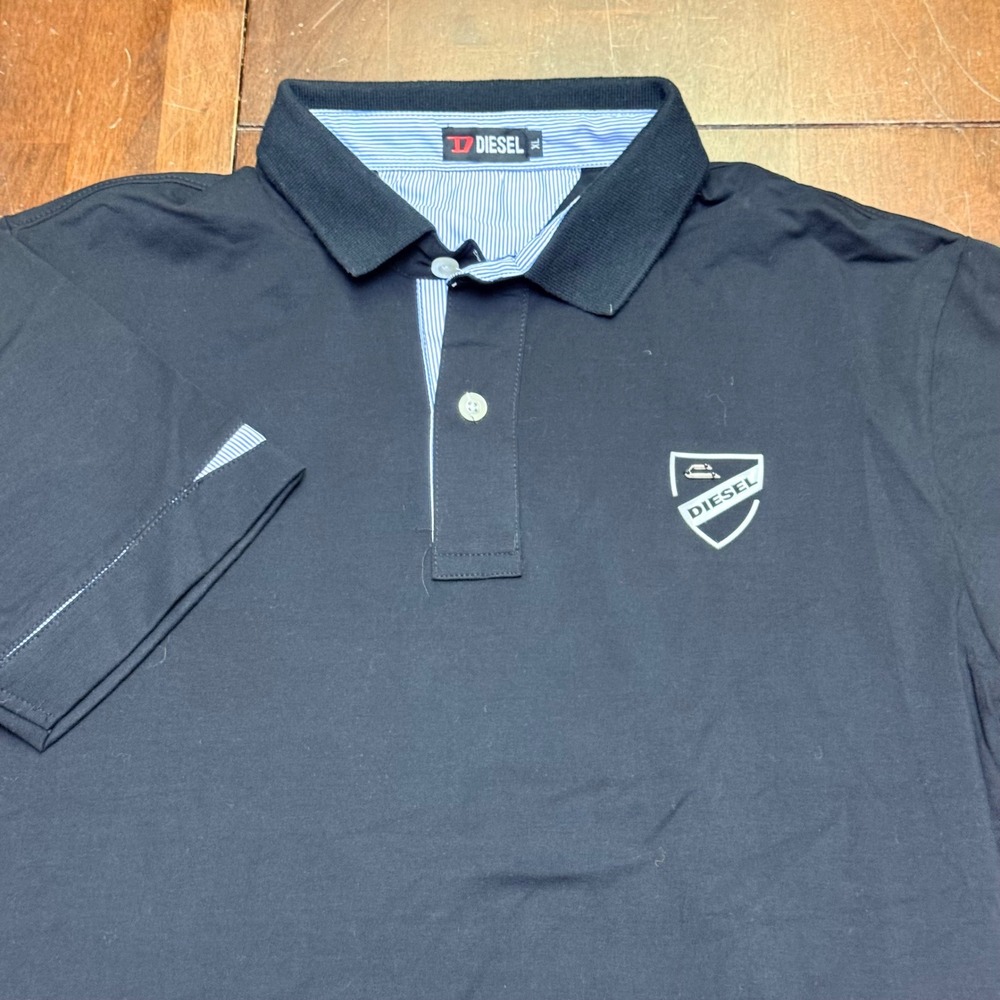 Diesel Polo Shirt Mens XL Black Pinstripe Trim Shield Logo Cotton Short Sleeve